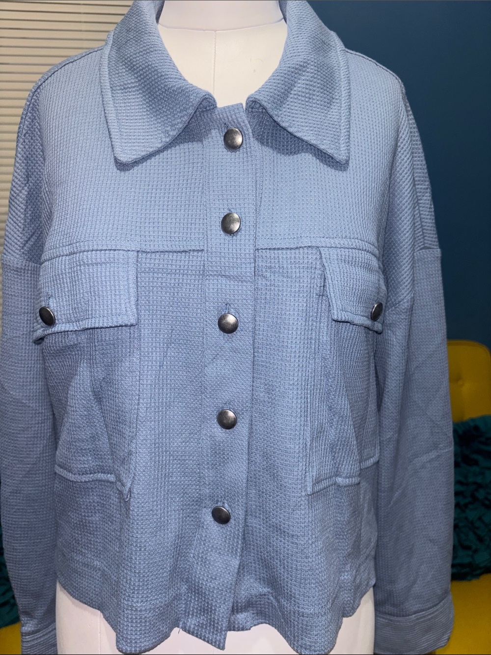 Light Blue Waffle Knit Button-Front Jacket - Picture 6 of 6